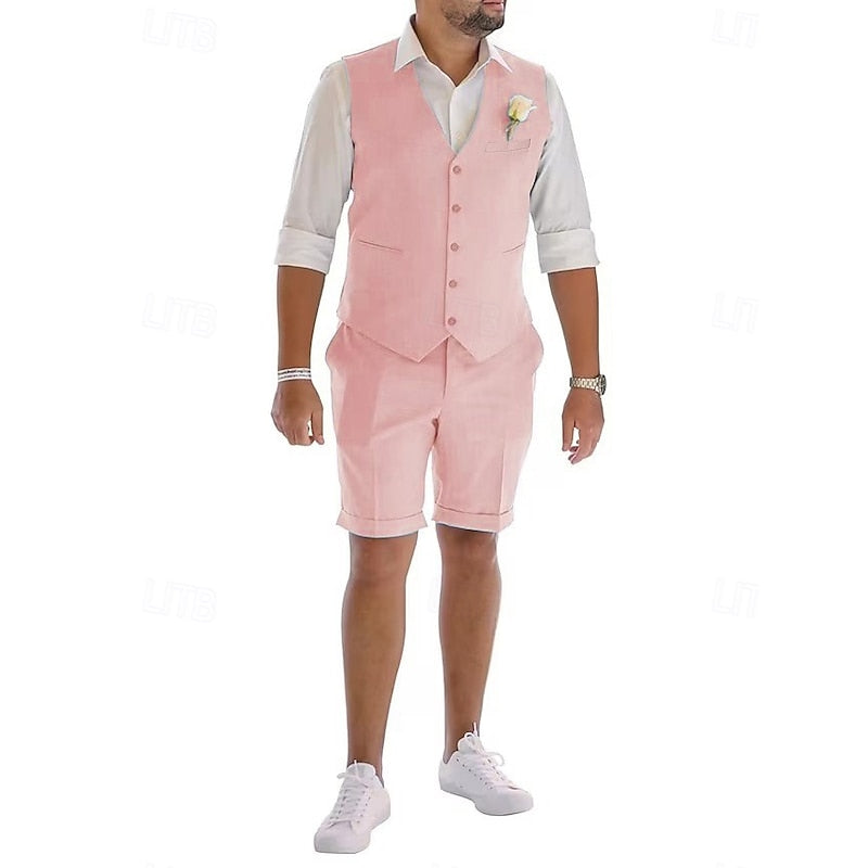 LightInTheBox Men's Linen 2-Piece Suit Waistcoat and Shorts Set