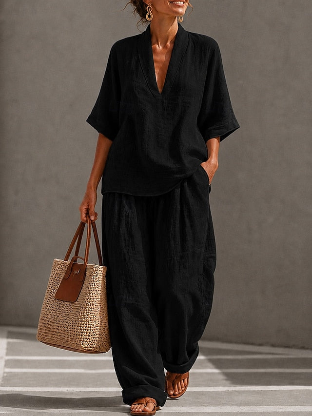 LightInTheBox Women's Cotton Linen Sets Half Sleeve V Neck Plain Vacation Casual