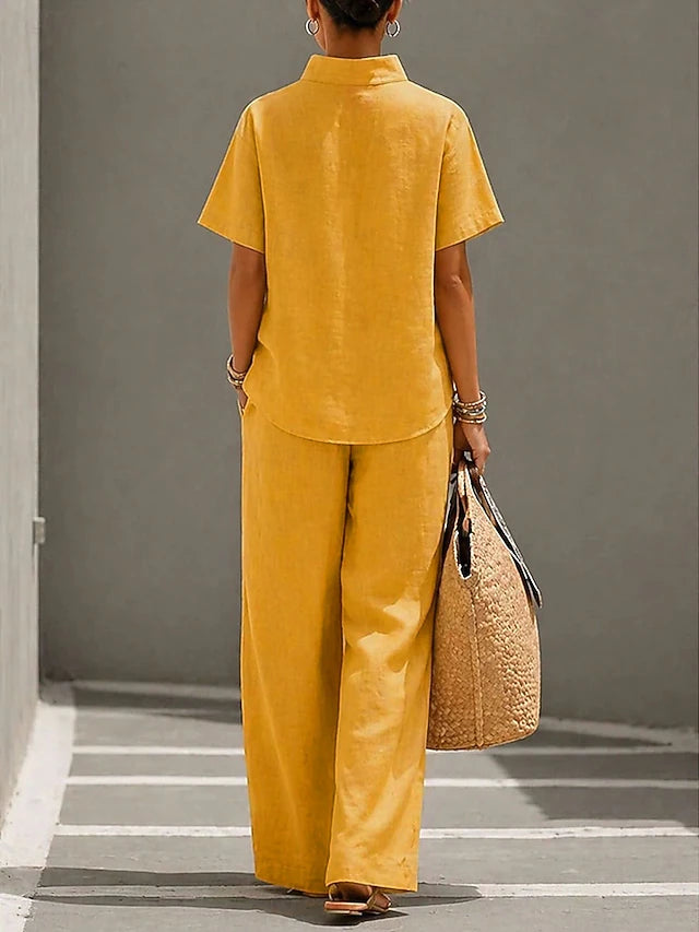LightInTheBox Women's Cotton Linen Sets Short Sleeve Stand Collar Solid Color Casual