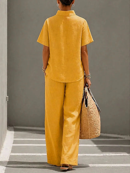 LightInTheBox Women's Cotton Linen Sets Short Sleeve Stand Collar Solid Color Casual