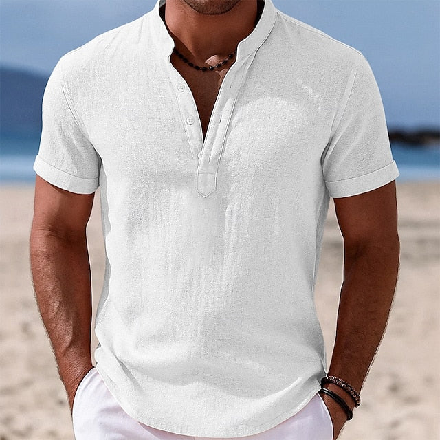 LightInTheBox Men's Cotton Linen Popover Shirt Short Sleeve Band Collar Vacation Casual Black White Yellow Pink
