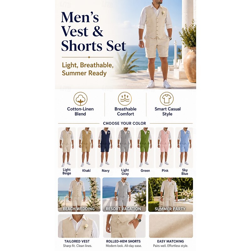 LightInTheBox Men's Linen 2-Piece Suit Waistcoat and Shorts Set