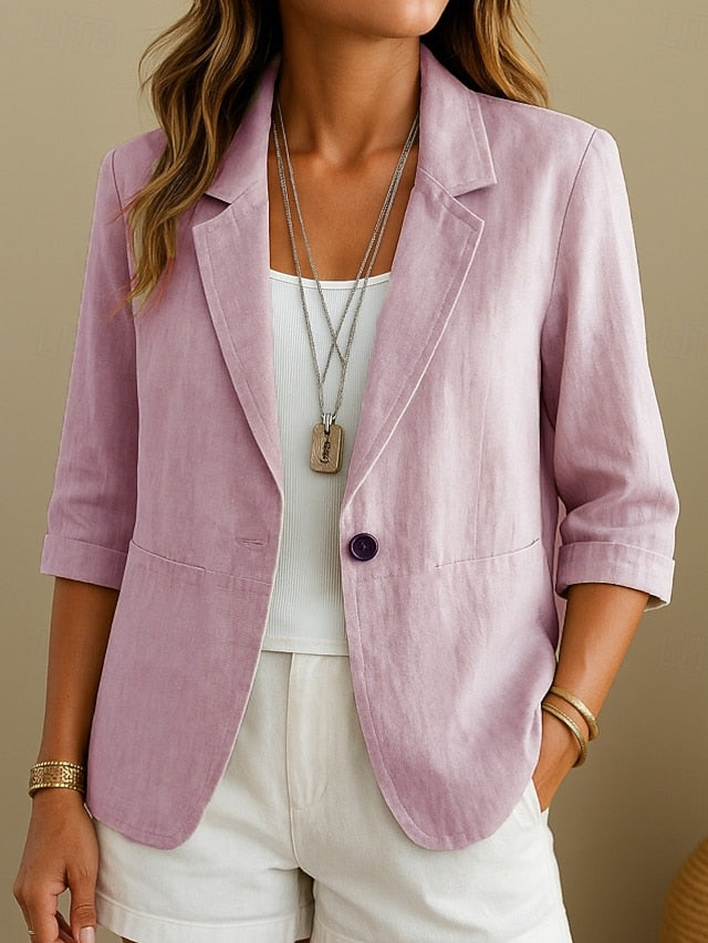 LightInTheBox Women's Cotton Linen Blazer Single Breasted Turndown Collar Long Sleeve Regular Fit Casual Summer Spring Apricot Yellow Pink