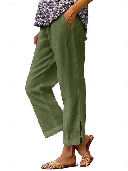 LightInTheBox Women's Chinos Summer Pants 100% Cotton Vacation Streetwear Basic Full Length Medium Waist Plain Pocket Elastic Waist Comfy Comfort Inelastic Daily Outdoor Vacation Grey Black White Army Green Summer