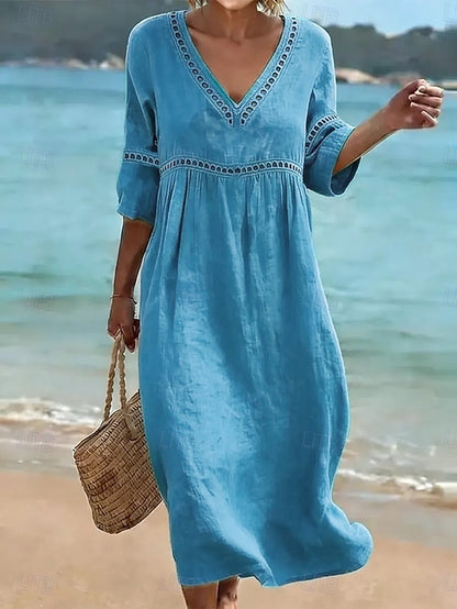 LightInTheBox Women's Midi Dress A Line V Neck 3/4 Sleeve Solid Color Loose Fit Casual Beach Summer Spring 2026