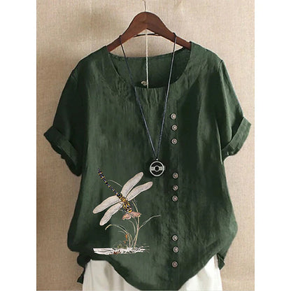 LightInTheBox Women's Cotton Linen Like Blouse Short Sleeve Crew Neck Button Print Casual Summer Spring Blue Purple Dark Blue Army Green White Pink Orange Green Sky Blue Yellow Light Purple Black Gray Red Apricot