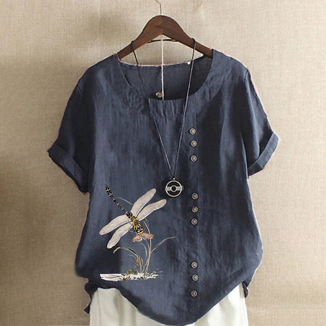 LightInTheBox Women's Cotton Linen Like Blouse Short Sleeve Crew Neck Button Print Casual Summer Spring Blue Purple Dark Blue Army Green White Pink Orange Green Sky Blue Yellow Light Purple Black Gray Red Apricot