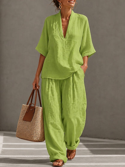 LightInTheBox Women's Cotton Linen Sets Half Sleeve V Neck Plain Vacation Casual