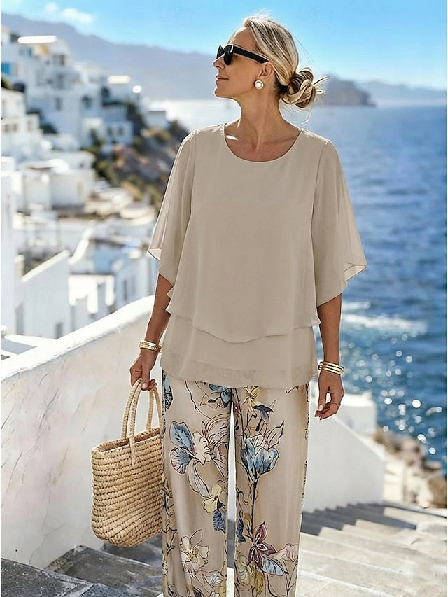 LightInTheBox Women's 2 Piece Outfit Short Sleeve Crew Neck Floral Graphic Vacation Casual Summer Loose Fit