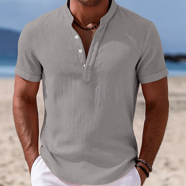 LightInTheBox Men's Cotton Linen Popover Shirt Short Sleeve Band Collar Vacation Casual Black White Yellow Pink