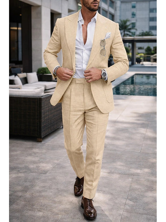 LightInTheBox Men's Tailored Fit Linen 2 Piece Beach Wedding Suit Champagne