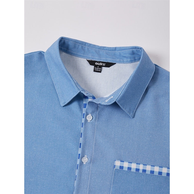 LightInTheBox Men's Cotton Linen Shirt Short Sleeve Turndown Collar Plaid Summer Beach Casual Blue Green Khaki