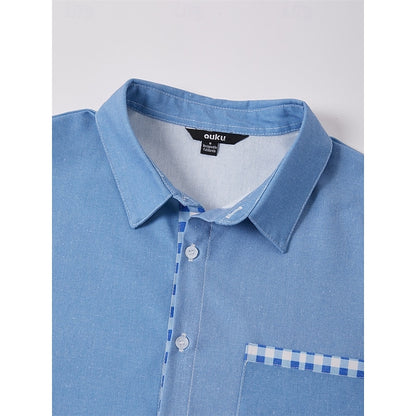 LightInTheBox Men's Cotton Linen Shirt Short Sleeve Turndown Collar Plaid Summer Beach Casual Blue Green Khaki
