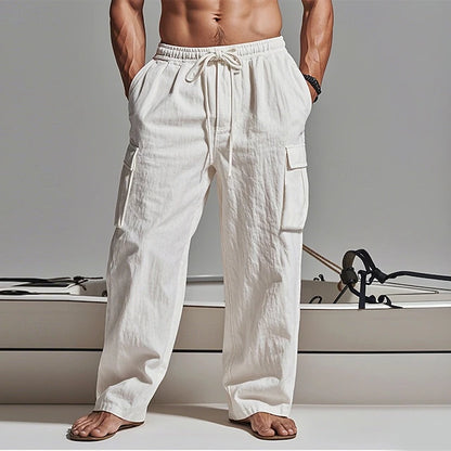 LightInTheBox Men's Gauze Cargo Pants Drawstring Elastic Waist Multi Pocket Summer Beach Black White