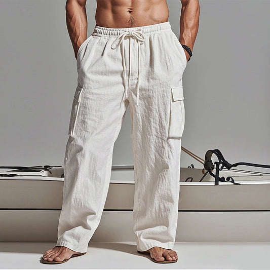 LightInTheBox Men's Gauze Cargo Pants Drawstring Elastic Waist Multi Pocket Summer Beach Black White