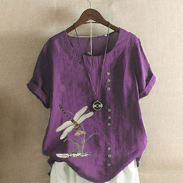LightInTheBox Women's Cotton Linen Like Blouse Short Sleeve Crew Neck Button Print Casual Summer Spring Blue Purple Dark Blue Army Green White Pink Orange Green Sky Blue Yellow Light Purple Black Gray Red Apricot