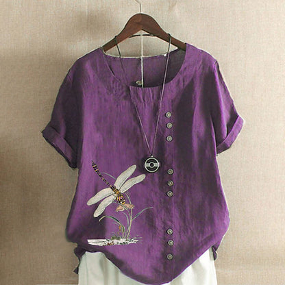 LightInTheBox Women's Cotton Linen Like Blouse Short Sleeve Crew Neck Button Print Casual Summer Spring Blue Purple Dark Blue Army Green White Pink Orange Green Sky Blue Yellow Light Purple Black Gray Red Apricot