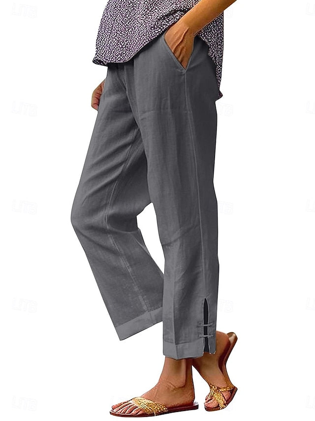 LightInTheBox Women's Chinos Summer Pants 100% Cotton Vacation Streetwear Basic Full Length Medium Waist Plain Pocket Elastic Waist Comfy Comfort Inelastic Daily Outdoor Vacation Grey Black White Army Green Summer