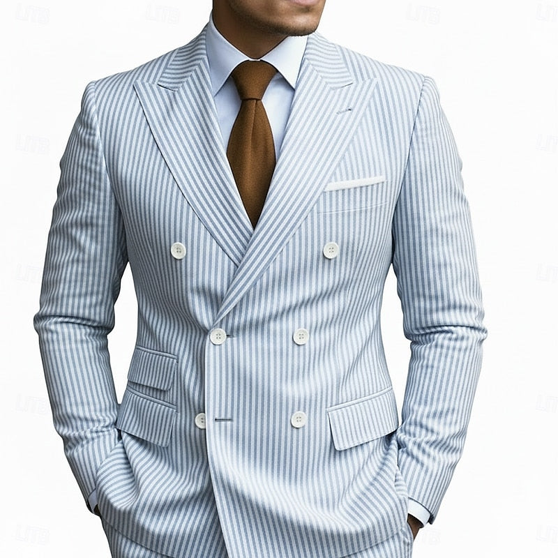 LightInTheBox Men's Seersucker Suit Peaked Lapel Striped 2 Piece