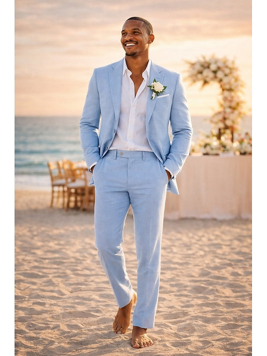 LightInTheBox Men's Linen 2 Piece Tailored Fit Suit Sky Blue