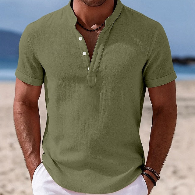 LightInTheBox Men's Cotton Linen Popover Shirt Short Sleeve Band Collar Vacation Casual Black White Yellow Pink