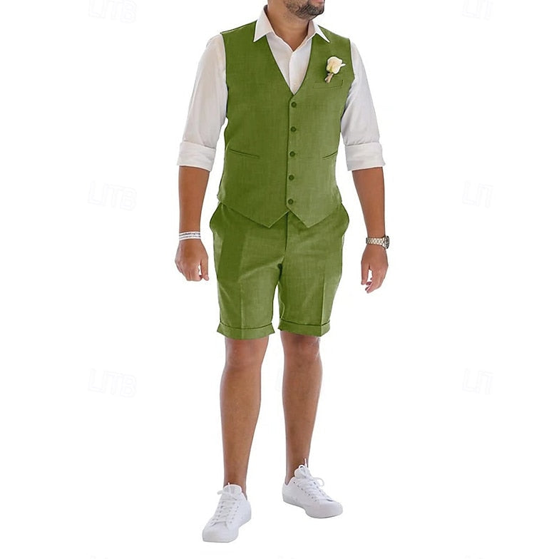 LightInTheBox Men's Linen 2-Piece Suit Waistcoat and Shorts Set