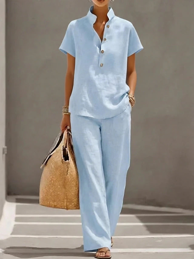LightInTheBox Women's Cotton Linen Sets Short Sleeve Stand Collar Solid Color Casual