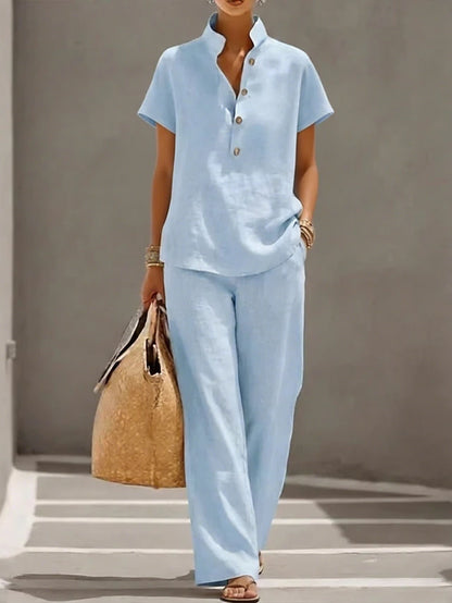 LightInTheBox Women's Cotton Linen Sets Short Sleeve Stand Collar Solid Color Casual