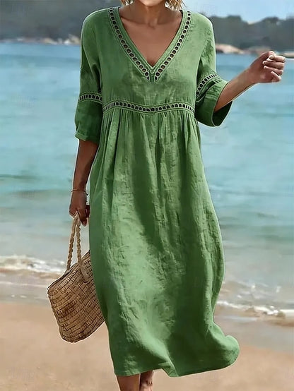 LightInTheBox Women's Midi Dress A Line V Neck 3/4 Sleeve Solid Color Loose Fit Casual Beach Summer Spring 2026