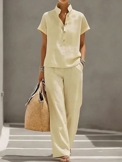 LightInTheBox Women's Cotton Linen Sets Short Sleeve Stand Collar Solid Color Casual