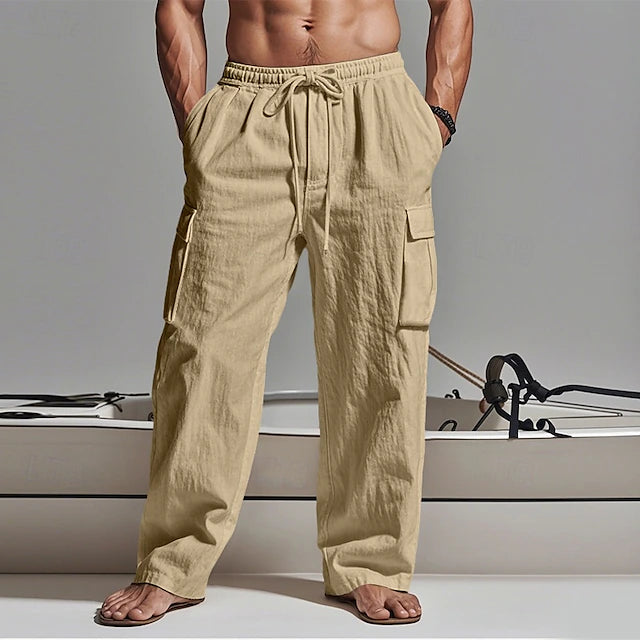 LightInTheBox Men's Gauze Cargo Pants Drawstring Elastic Waist Multi Pocket Summer Beach Black White