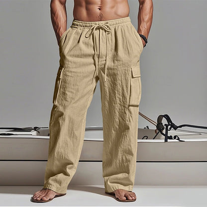 LightInTheBox Men's Gauze Cargo Pants Drawstring Elastic Waist Multi Pocket Summer Beach Black White