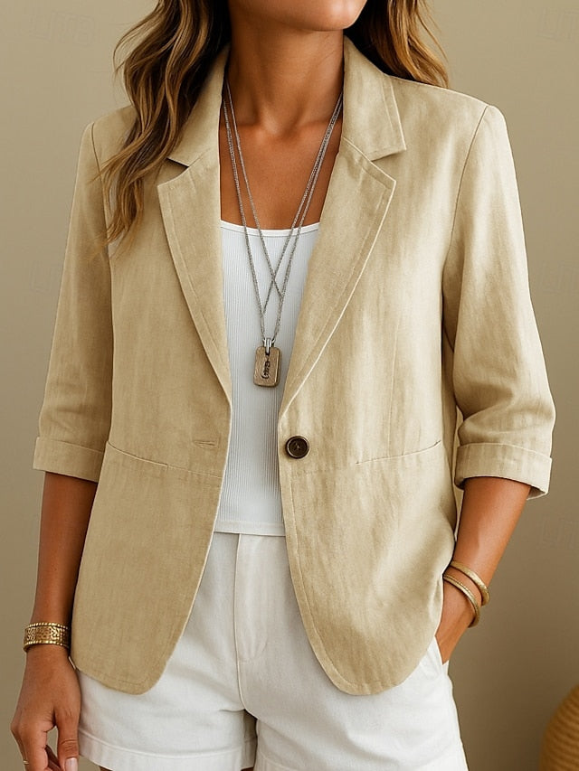 LightInTheBox Women's Cotton Linen Blazer Single Breasted Turndown Collar Long Sleeve Regular Fit Casual Summer Spring Apricot Yellow Pink