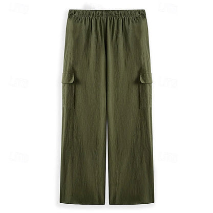 LightInTheBox Men's Gauze Cargo Pants Drawstring Elastic Waist Multi Pocket Summer Beach Black White