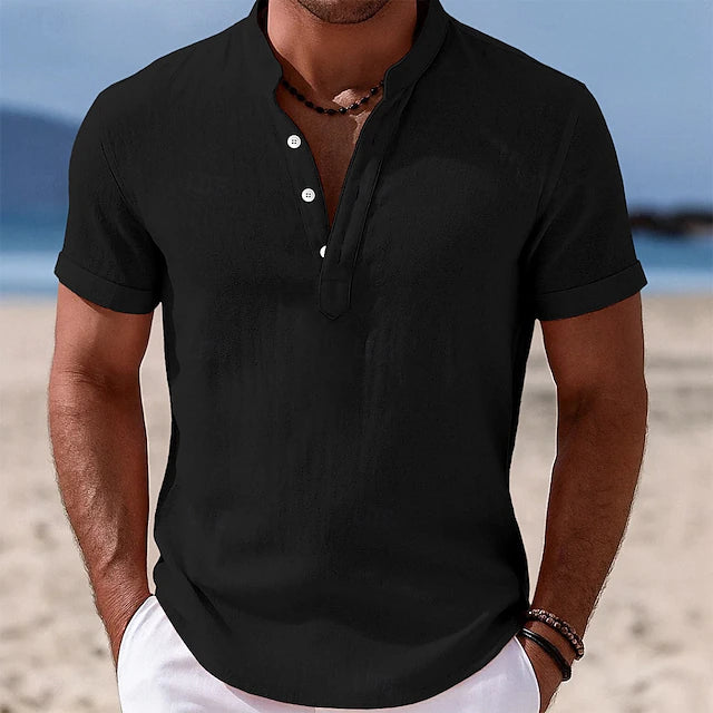 LightInTheBox Men's Cotton Linen Popover Shirt Short Sleeve Band Collar Vacation Casual Black White Yellow Pink