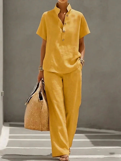 LightInTheBox Women's Cotton Linen Sets Short Sleeve Stand Collar Solid Color Casual
