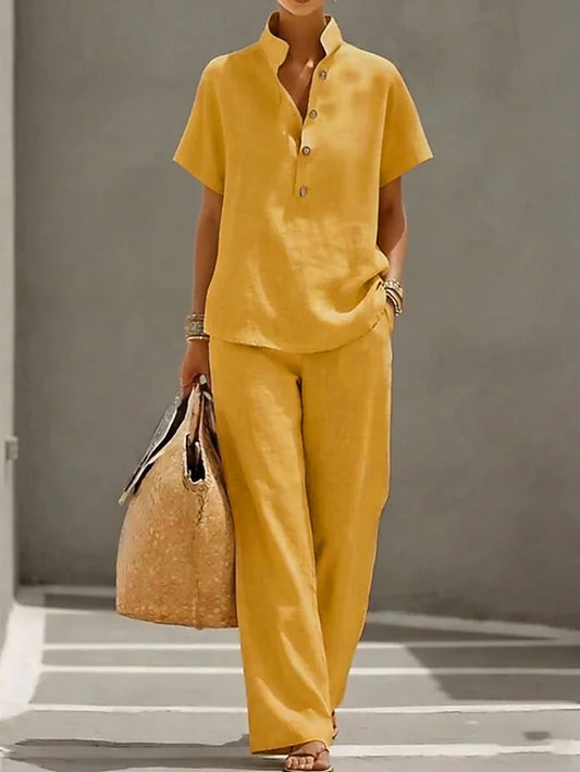LightInTheBox Women's Cotton Linen Sets Short Sleeve Stand Collar Solid Color Casual