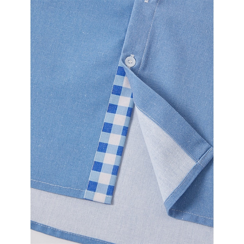 LightInTheBox Men's Cotton Linen Shirt Short Sleeve Turndown Collar Plaid Summer Beach Casual Blue Green Khaki