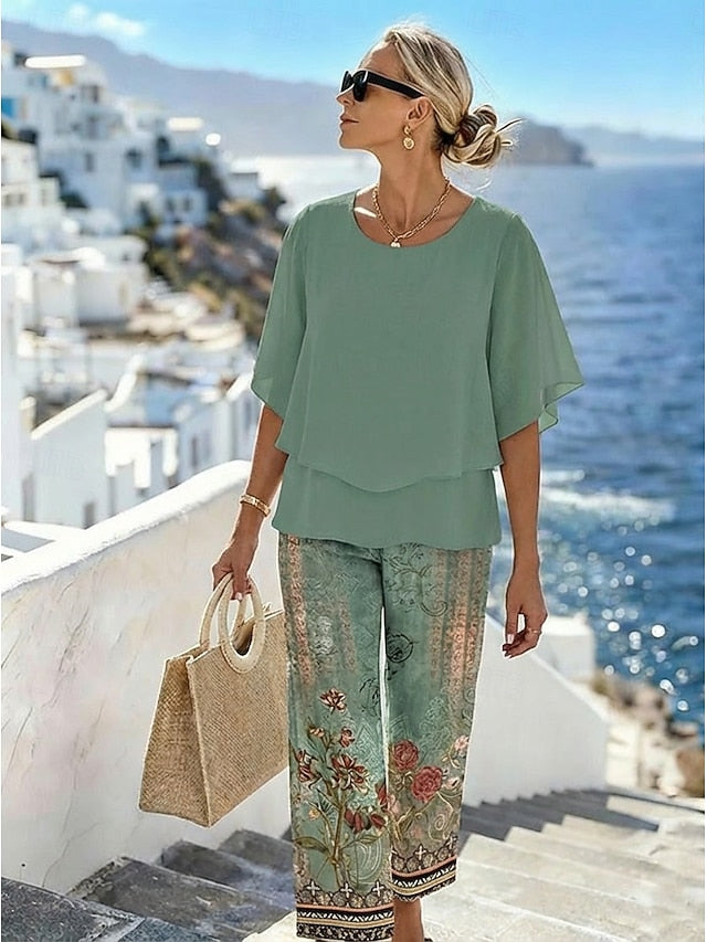 LightInTheBox Women's 2 Piece Outfit Short Sleeve Crew Neck Floral Graphic Vacation Casual Summer Loose Fit