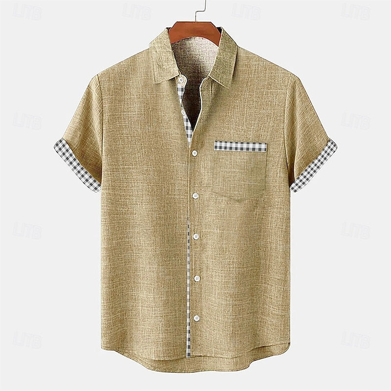 LightInTheBox Men's Cotton Linen Shirt Short Sleeve Turndown Collar Plaid Summer Beach Casual Blue Green Khaki