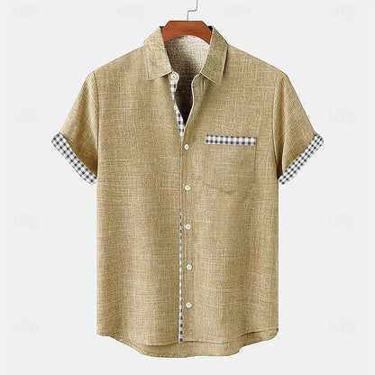 LightInTheBox Men's Cotton Linen Shirt Short Sleeve Turndown Collar Plaid Summer Beach Casual Blue Green Khaki