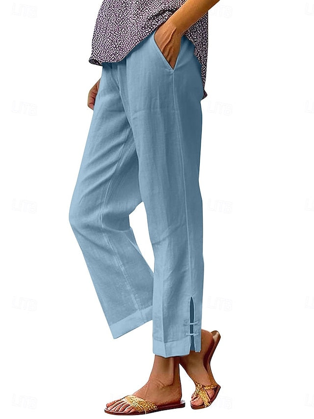 LightInTheBox Women's Chinos Summer Pants 100% Cotton Vacation Streetwear Basic Full Length Medium Waist Plain Pocket Elastic Waist Comfy Comfort Inelastic Daily Outdoor Vacation Grey Black White Army Green Summer