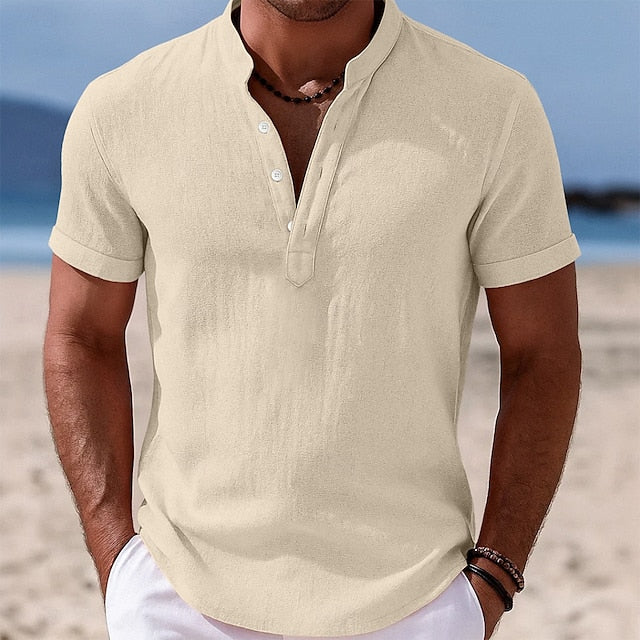 LightInTheBox Men's Cotton Linen Popover Shirt Short Sleeve Band Collar Vacation Casual Black White Yellow Pink