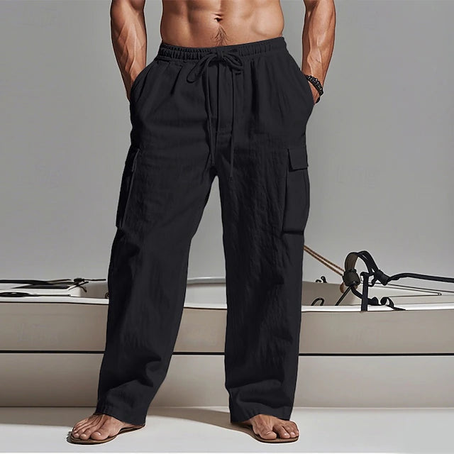 LightInTheBox Men's Gauze Cargo Pants Drawstring Elastic Waist Multi Pocket Summer Beach Black White