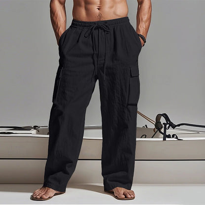 LightInTheBox Men's Gauze Cargo Pants Drawstring Elastic Waist Multi Pocket Summer Beach Black White
