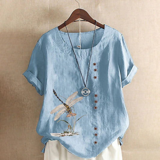 LightInTheBox Women's Cotton Linen Like Blouse Short Sleeve Crew Neck Button Print Casual Summer Spring Blue Purple Dark Blue Army Green White Pink Orange Green Sky Blue Yellow Light Purple Black Gray Red Apricot