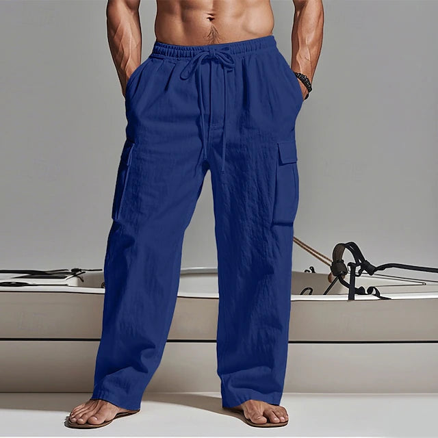 LightInTheBox Men's Gauze Cargo Pants Drawstring Elastic Waist Multi Pocket Summer Beach Black White