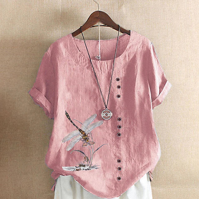LightInTheBox Women's Cotton Linen Like Blouse Short Sleeve Crew Neck Button Print Casual Summer Spring Blue Purple Dark Blue Army Green White Pink Orange Green Sky Blue Yellow Light Purple Black Gray Red Apricot
