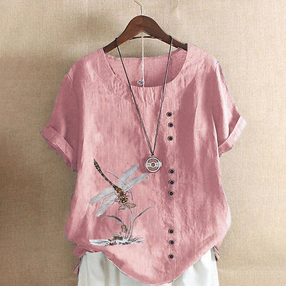 LightInTheBox Women's Cotton Linen Like Blouse Short Sleeve Crew Neck Button Print Casual Summer Spring Blue Purple Dark Blue Army Green White Pink Orange Green Sky Blue Yellow Light Purple Black Gray Red Apricot