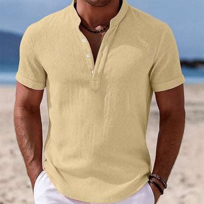 LightInTheBox Men's Cotton Linen Popover Shirt Short Sleeve Band Collar Vacation Casual Black White Yellow Pink